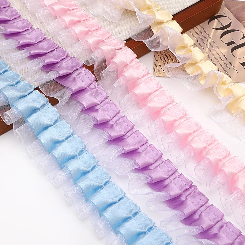 1/7pcs 4cm Wide Multi Color Polyester Double Layer Ruffle Lace Ribbon Fabric Trim Crafts DIY Clothing Skirt Sewing Accessories