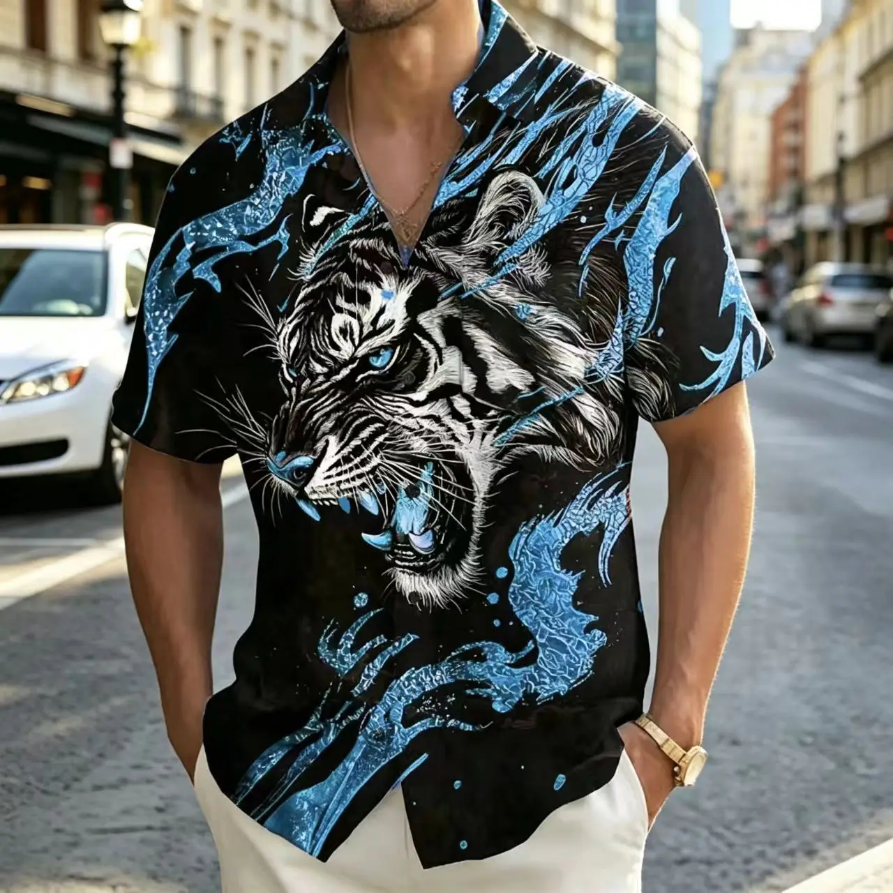 Tiger 3D printed men's short sleeved shirt. Leisure city style, loose cut, festive atmosphere, comfortable fabric. XS-6XL size