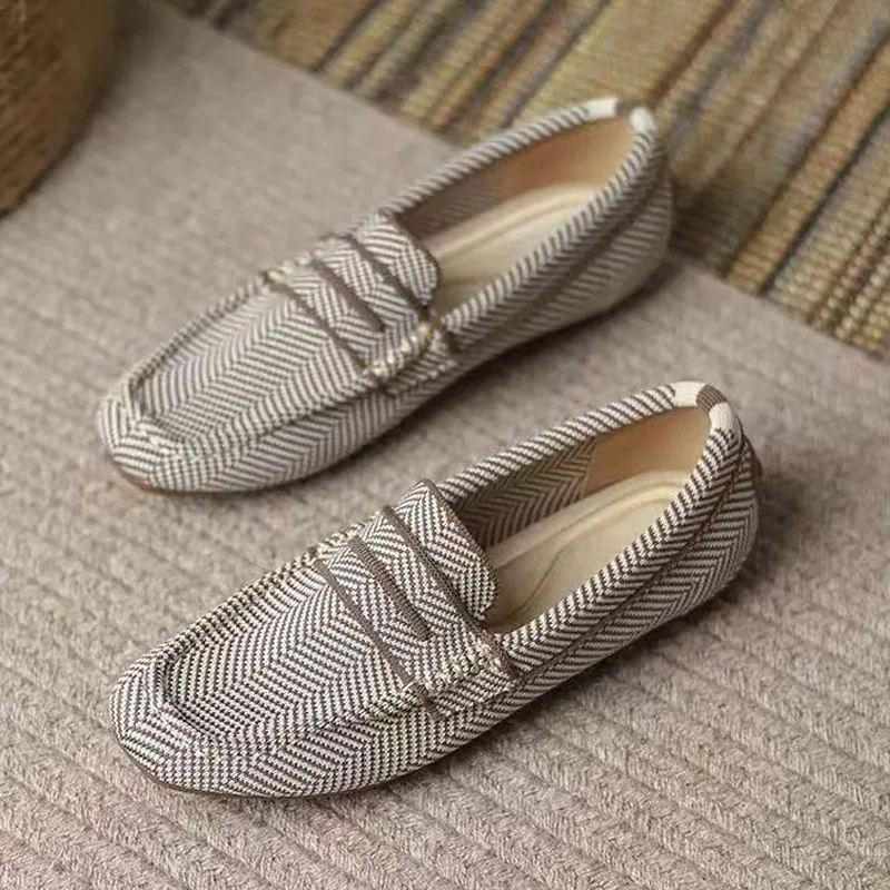 Fine Diagonal Stripes Flat Sandal For Woman Spring Autumn Vintage Leisure Round Head Shoe Women Anti Slip Rubber Sole Sandal