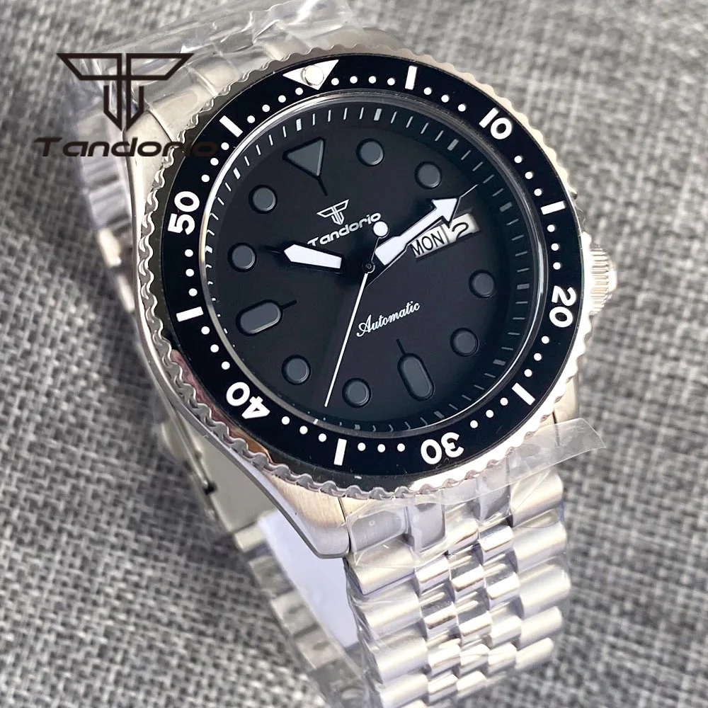 Tandorio 41mm NH36A 200m Men's Automatic Dive Wristwatch 120 Clicks Rotating Bezel Sapphire Glass Week Date Dial Steel Bracelet