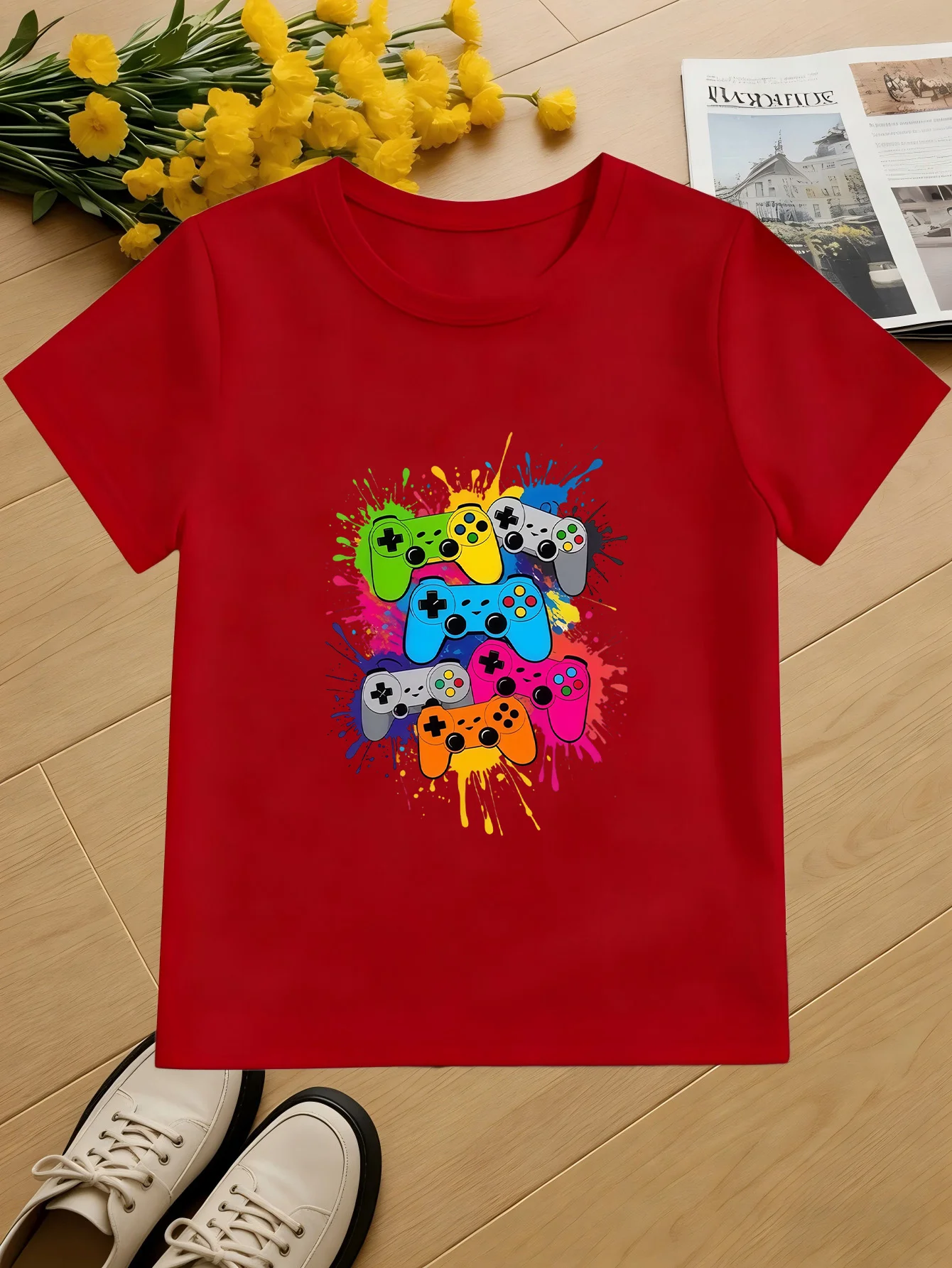 Colorful Game Controller Kid Tee Splash Gaming Print Boys Girls Family Matching Cotton Summer Short Sleeve Basic Children Tshirt