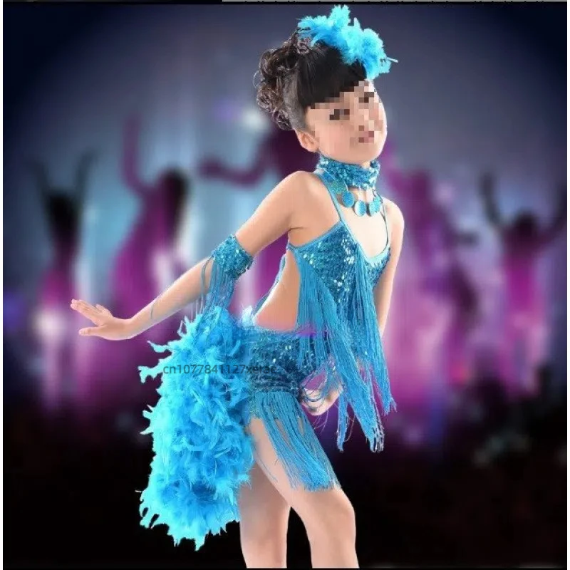 Children's Latin Dance Dress Performance, Girls' Sequin Tassel Feather Performance Costume, Group Stage Performance, Dance Dress