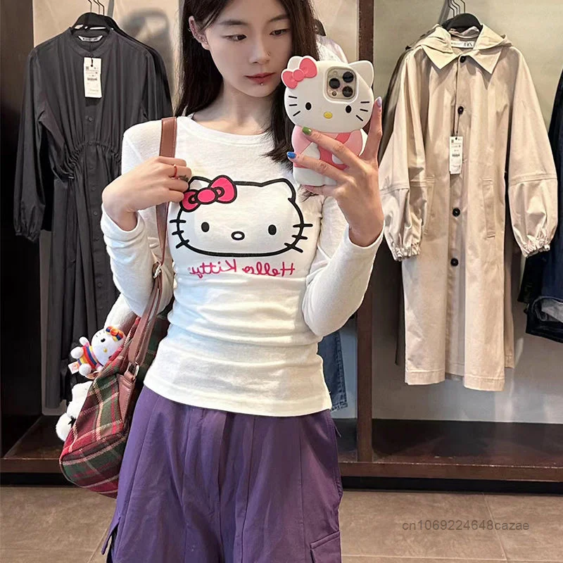 Sanrio Hello Kitty Long Sleeve T-shirt Women Spring Cute Slim Tops Y2k Korean Style Clothes New Cartoon Vintage Casual Tee Shirt