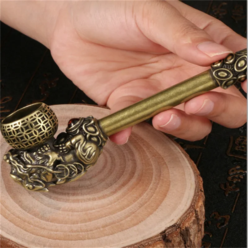 Little Fairy/Antique Pure Copper Pipe Inlaid Agate Lucky Pixiu Old Brass Cigarette Rod Crafts Home Decoration Ornaments