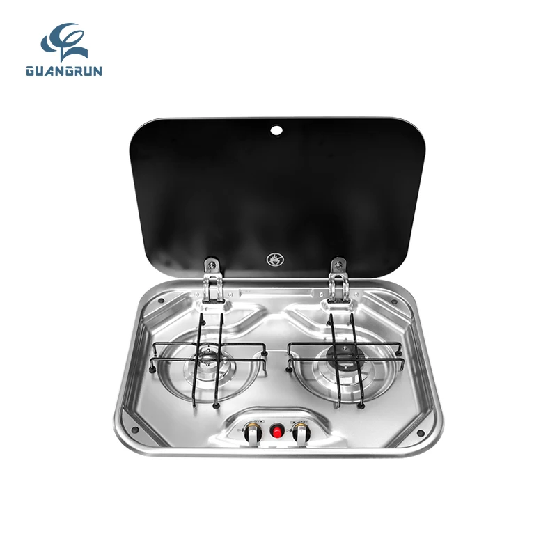 Wholesale Lightweight SUS 304 Stainless Steel 2 Burner RV Campervan Caravan Gas Stove Tempered Glass Lid for Camping Kitchenware