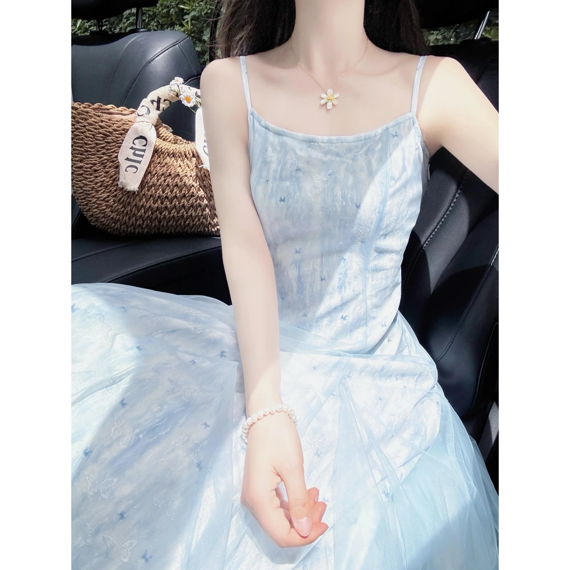 休暇 Fairycore スパゲッティストラップドレス女性ライトブルーチュール A ラインガウンエレガントな夏フレンチスウィートプリンセスメッシュロングドレス