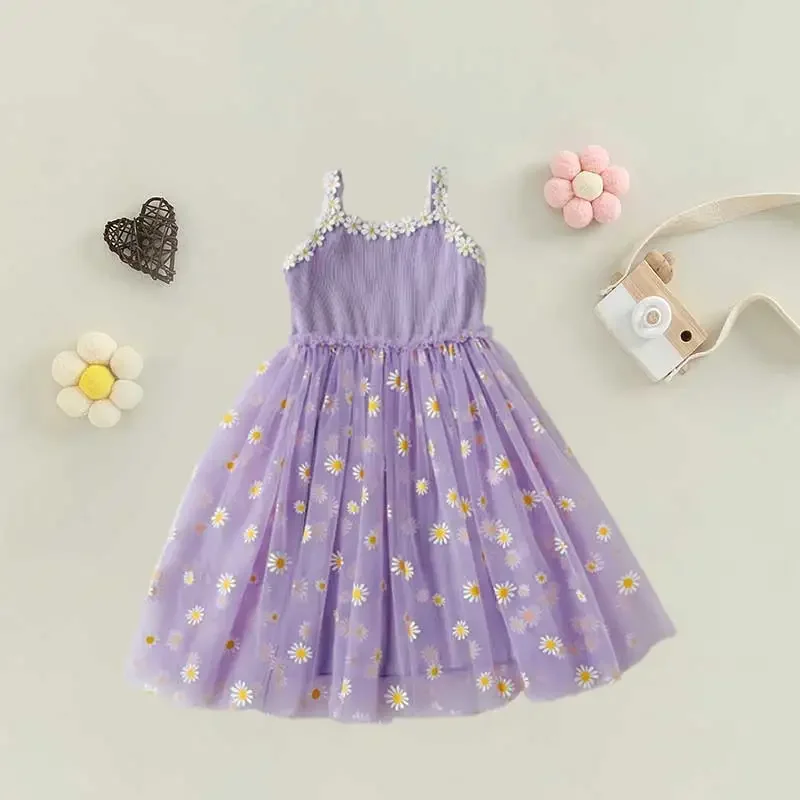 Zomer Schattige Daisy Prinses Kid Baby Meisjes Jurk Baby Gezwollen Mouwloze Bloemen Tule Jurk Verjaardagsfeest Sweet Vestido Kleding