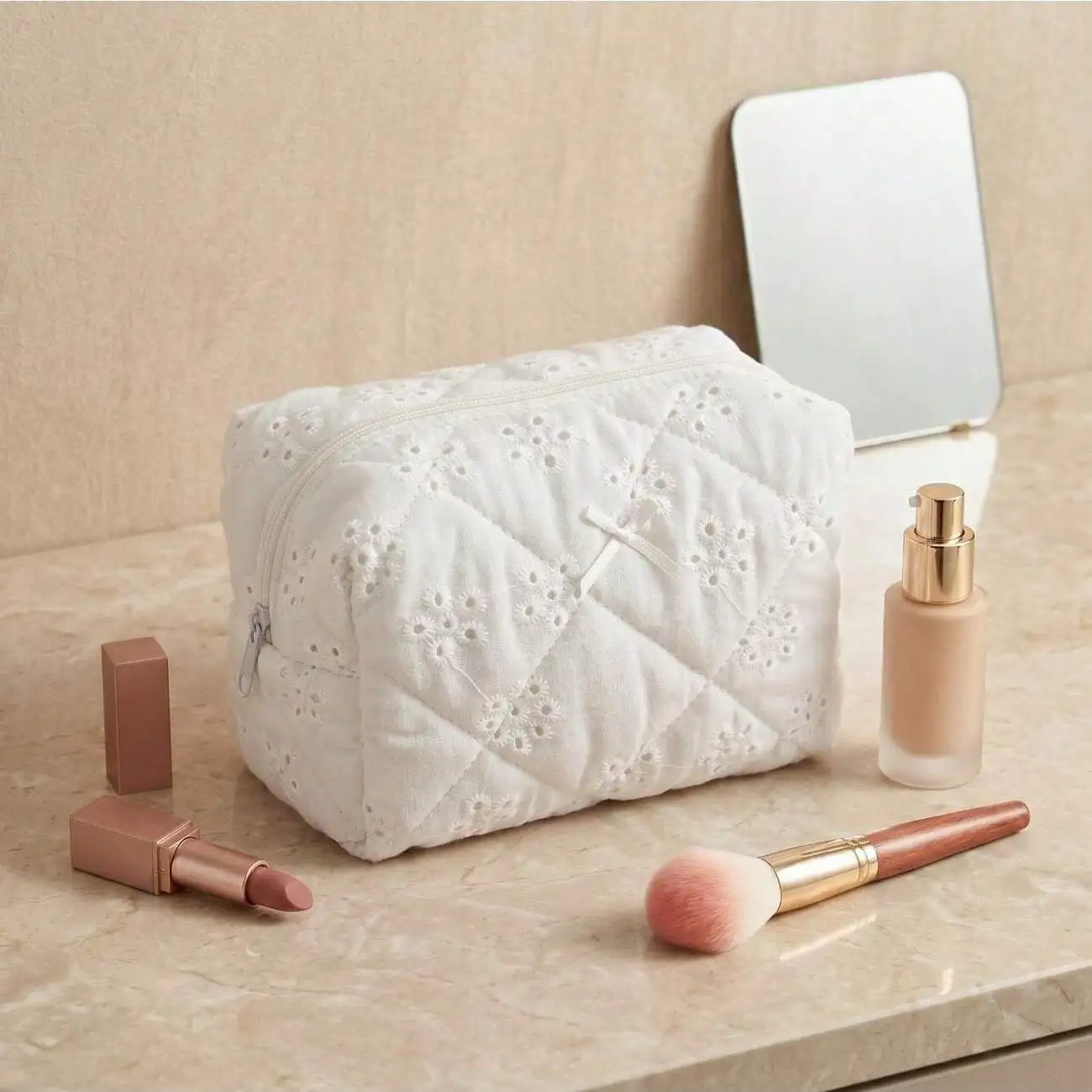 INS Quilted White Lace Makeup Bag, Floral Embroidery Bow Cosmetic Pouch, Cute Travel Toiletry Bag Portable Women Birthday Gift