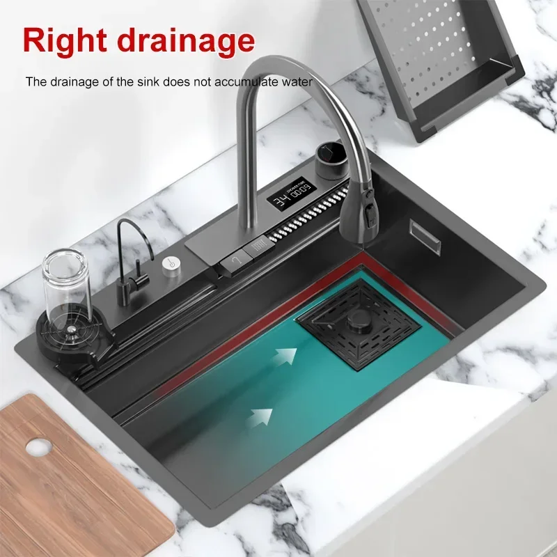 Stainless Steel Kitchen Sink Waterfall Sink Large Single Slot Washing pool Multifunctional Wash Basin For Kitchen