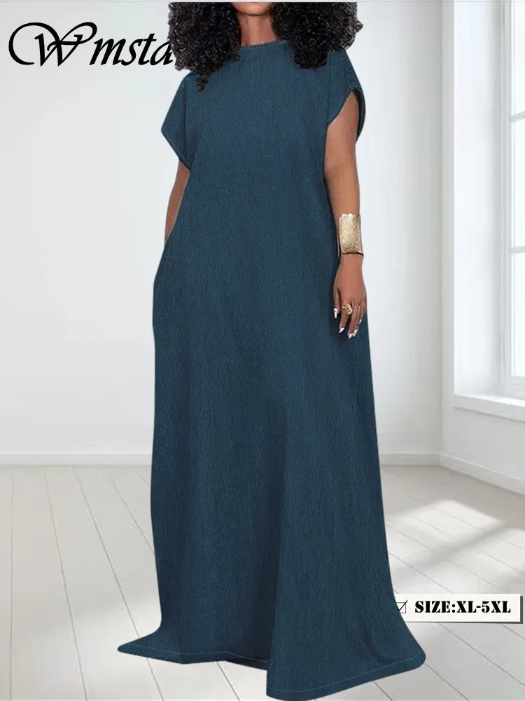 Wmstar Denim Plus Size Dresses for Women Summer Solid Sleeveless Open Back Casual Loose New Maxi Dress Wholesale Drop Shipping