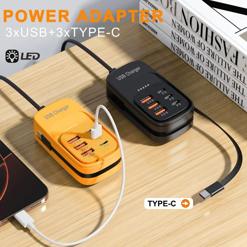 USB Charger 6-in-1 Power Strip Desktop Charging Station With Fast Charging Cord EU/US Plug USB HUB Adapter Socket 3PD 3USB 2026