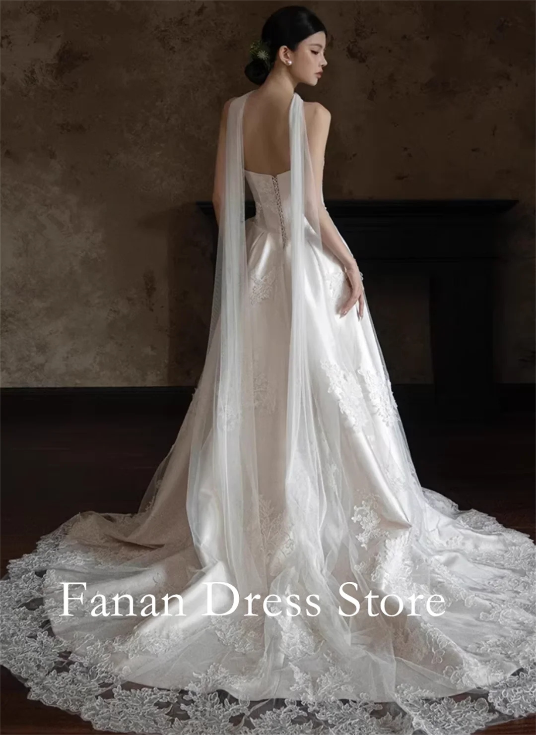 FANAN Korea A-Line Strapless Tulle Appliques Floor Length Wedding Dresses 웨딩드레스 Ivory Customized Pretty  Bride Dresses