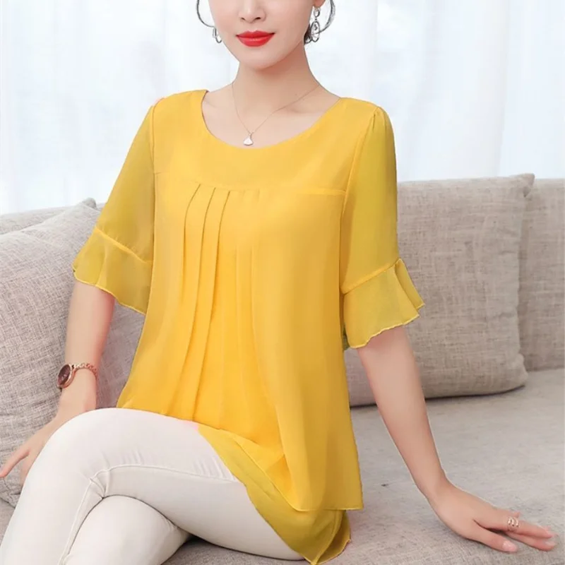 Chiffon Short Sleeve Thin Shirt Tops Summer New Plus Size Loose O-Neck Solid Color Blouse Casual Fashion Office Women Clothing