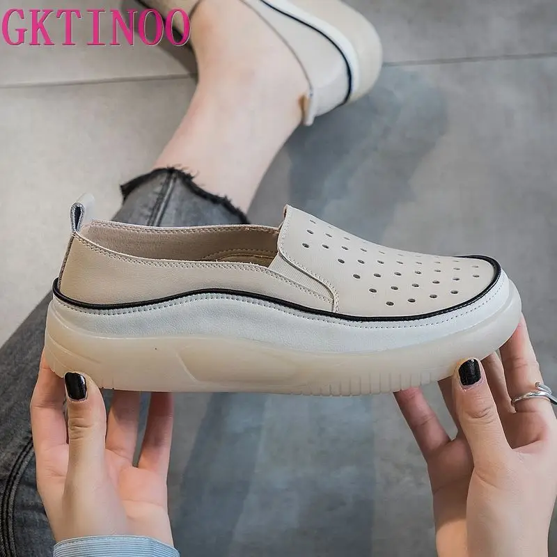 GKTINOO Women Sneakers Big Size 2024 Spring New Genuine Leather Loafers Hollow Out Women Casual Slip-On Women\'s Nurse Shoes