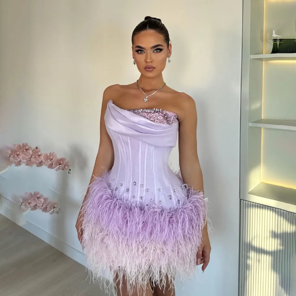 

Индивидуальные высококачественные без рукавов без бретелек выше колена, расшитые бисером и морщинами, женские фиолетовые платья для выпускного вечера Gece Elbisesi Düğün