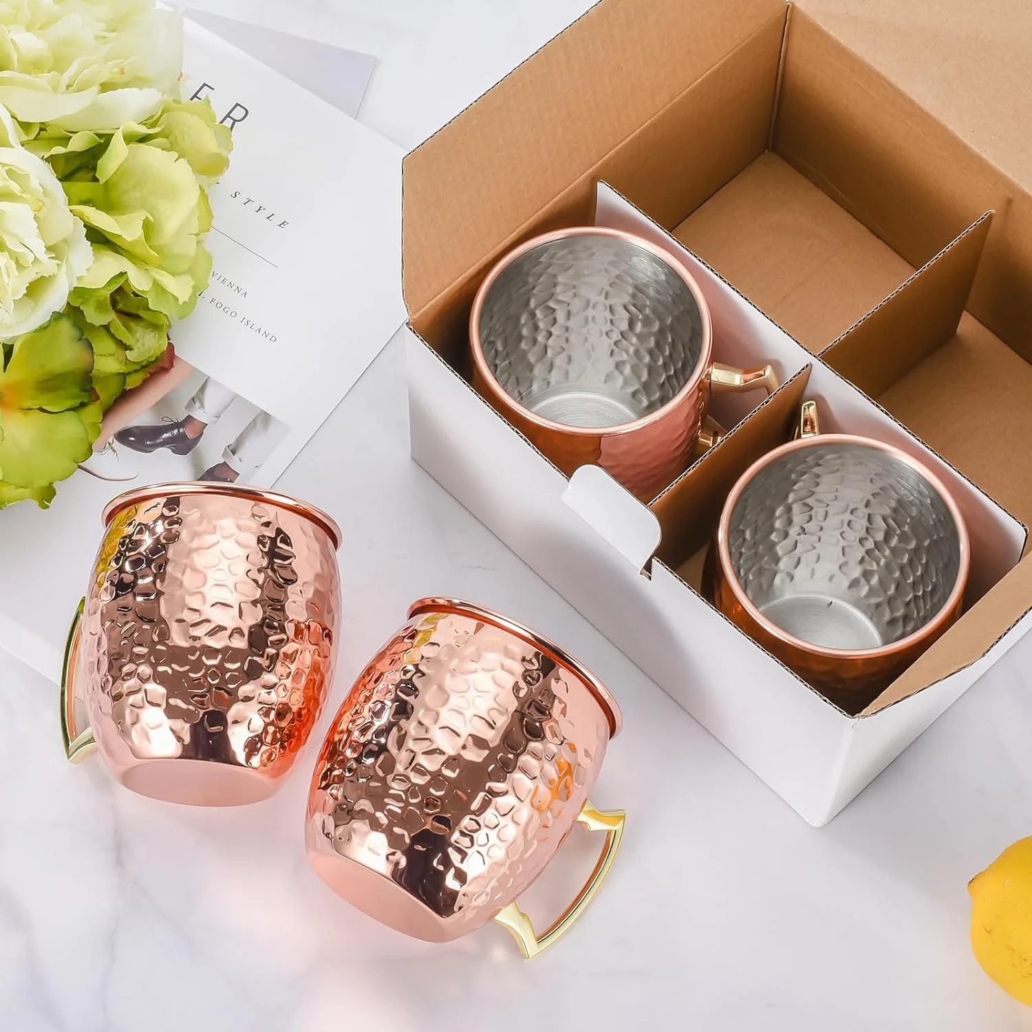 4pcs Moscow Mule Mugs Large Size 19 ounces Hammered Cups Stainless Steel Lining Copper Plating