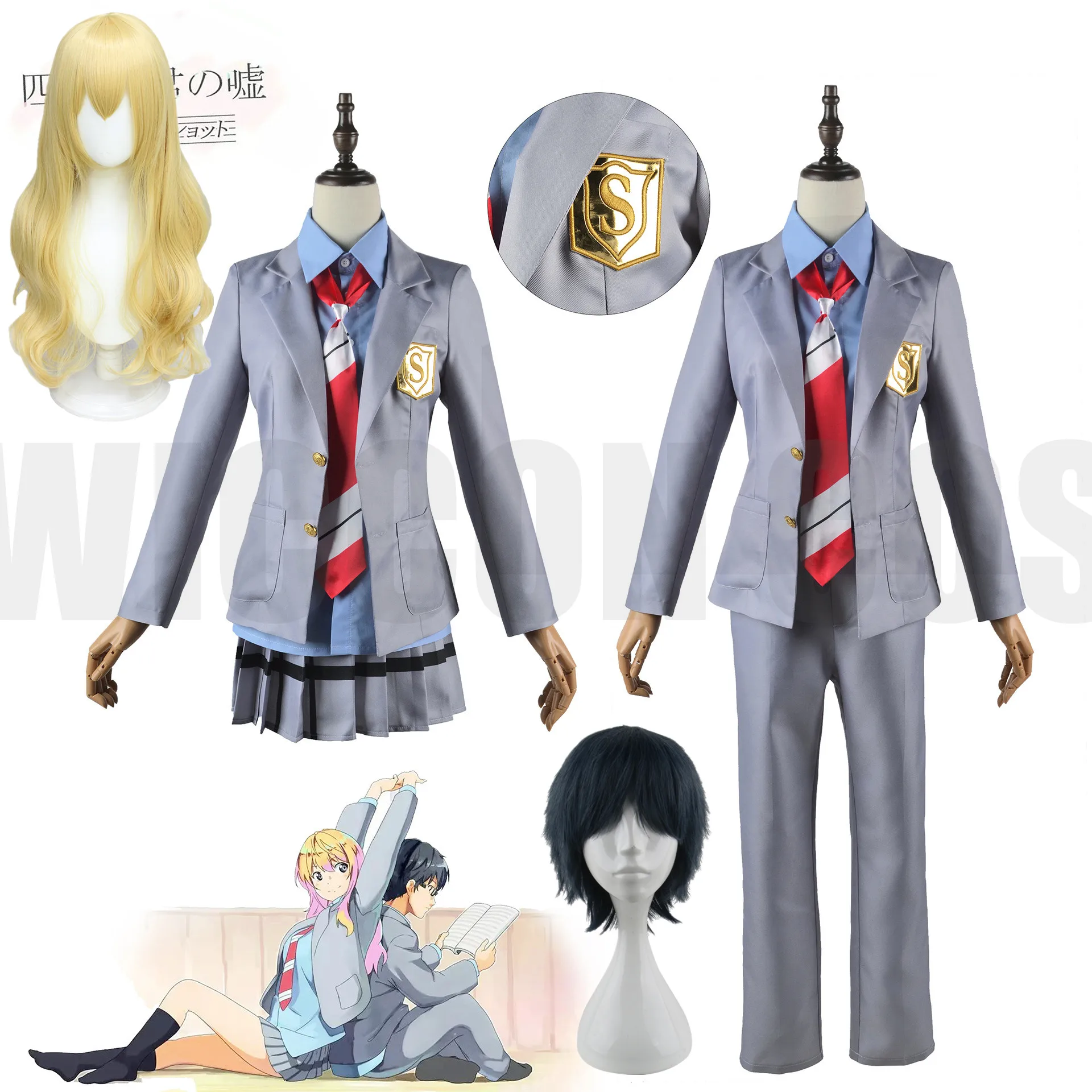 Cosplay Miyazono Kaori para homens e meninas, uniforme escolar, perucas sintéticas, casaco, jaqueta, saia, perucas, Arima, Kousei, sua mentira em abril