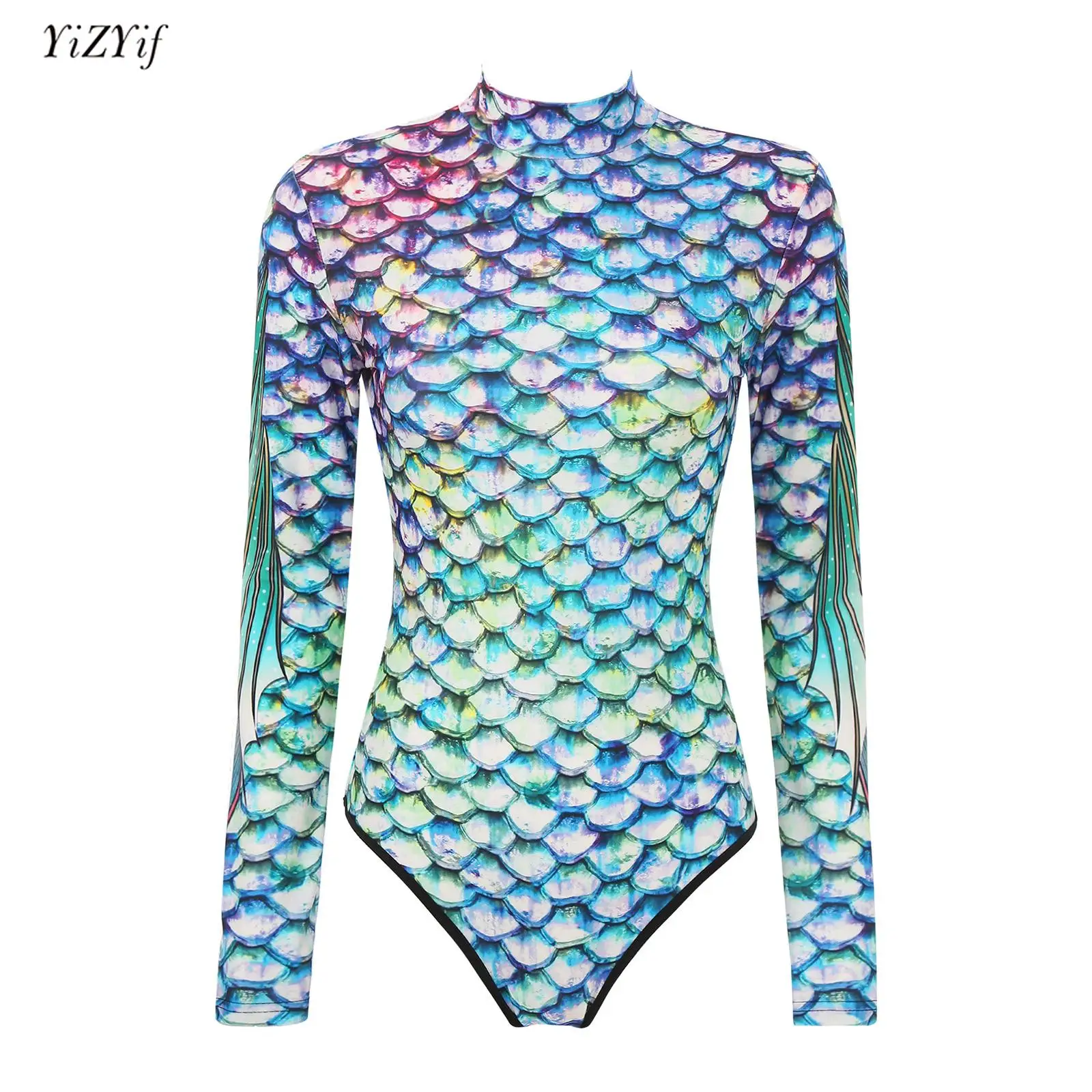 

Women's Fish Scales Print Bodysuit Swimsuit Long Sleeves Zipper Jumpsuit Swimming Bathing Surfing Swimwear Party Night Clubwear