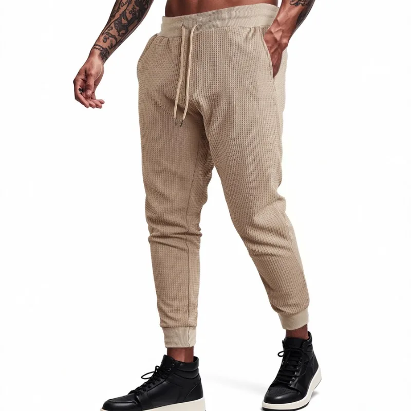 Men Solid Waffle Knit Joggers Drawstring Elastic Waist Slim Cuffed Casual Sports Trousers With Pockets