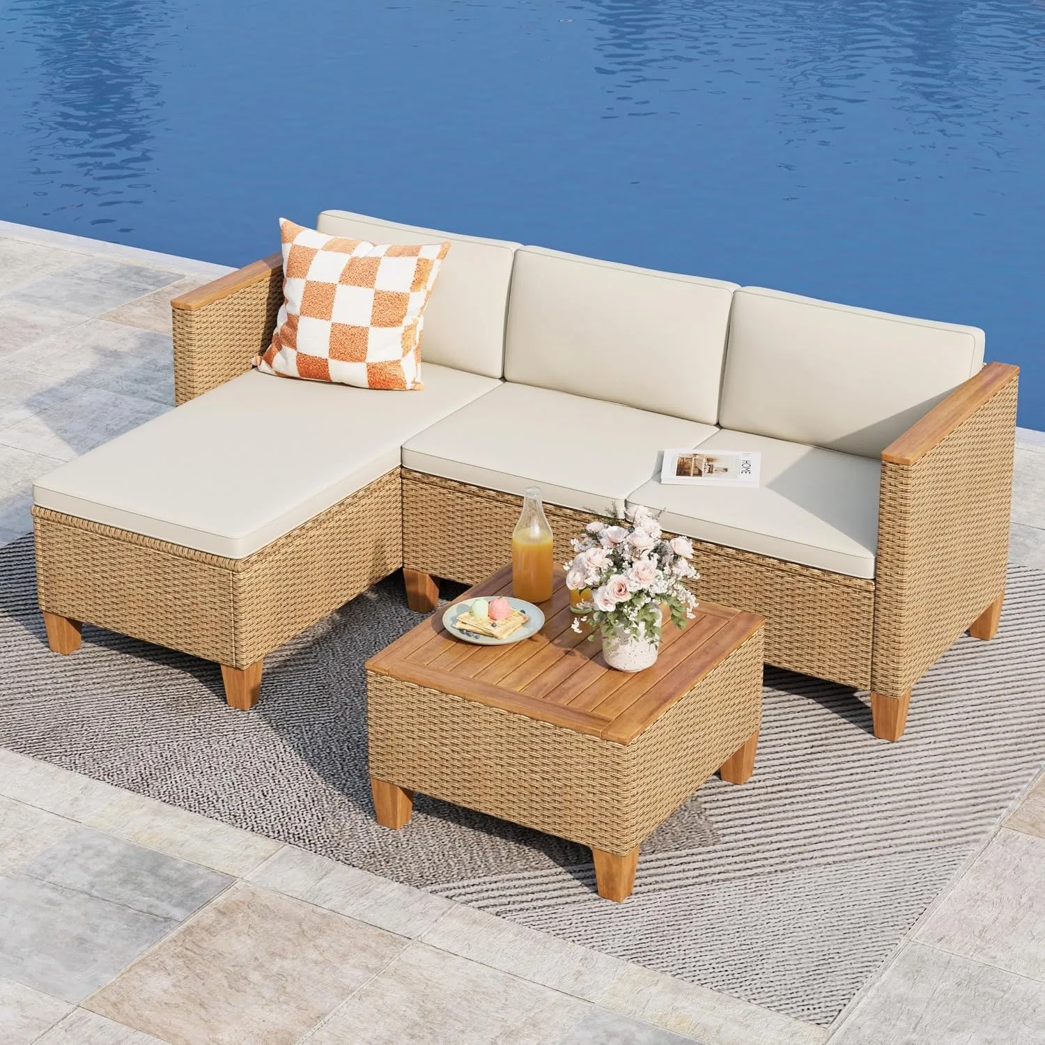 Rattan Lounge Set - 3Pc Wicker Rattan L-Shaped Chaise Lounge