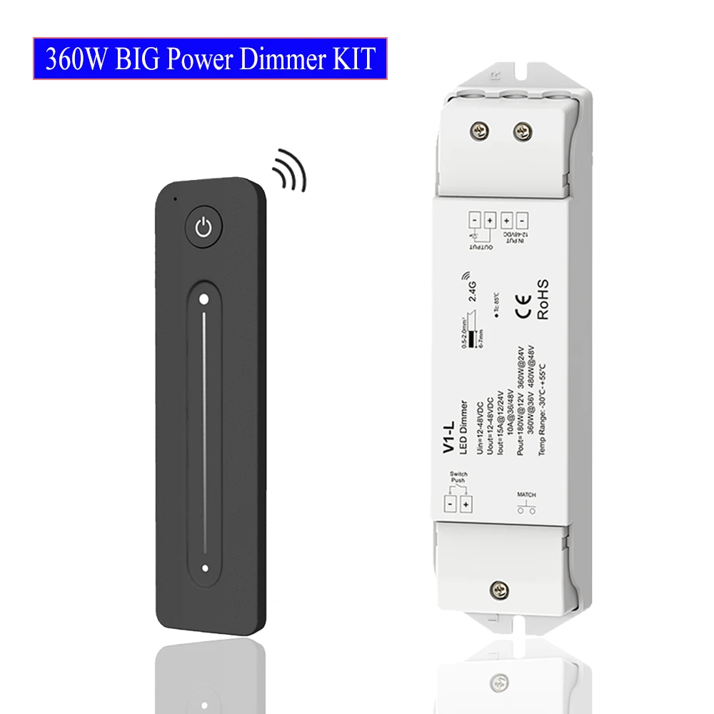 High Power LED Controller 1CH 360W DC 12V 24V 36V 48V Dimmer V1-L With Push Swich Dimming Funtion 2.4G Remote Control Fade Mode