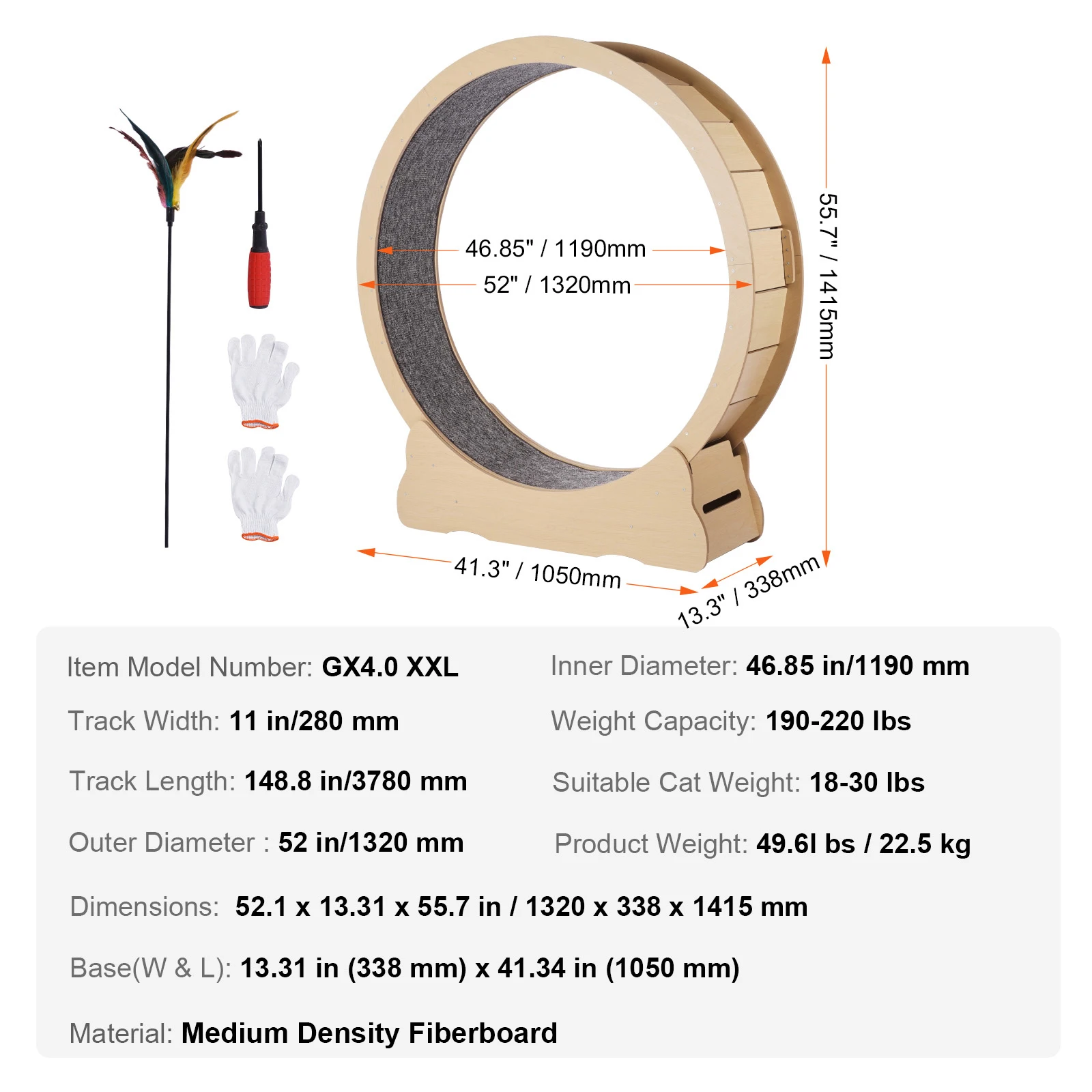 SucceBuy Houten kattenoefenwiel Groot kattenloopbandwiel voor binnen Kattenloopwiel met afneembaar tapijt en kattenteaser - afbeelding 1