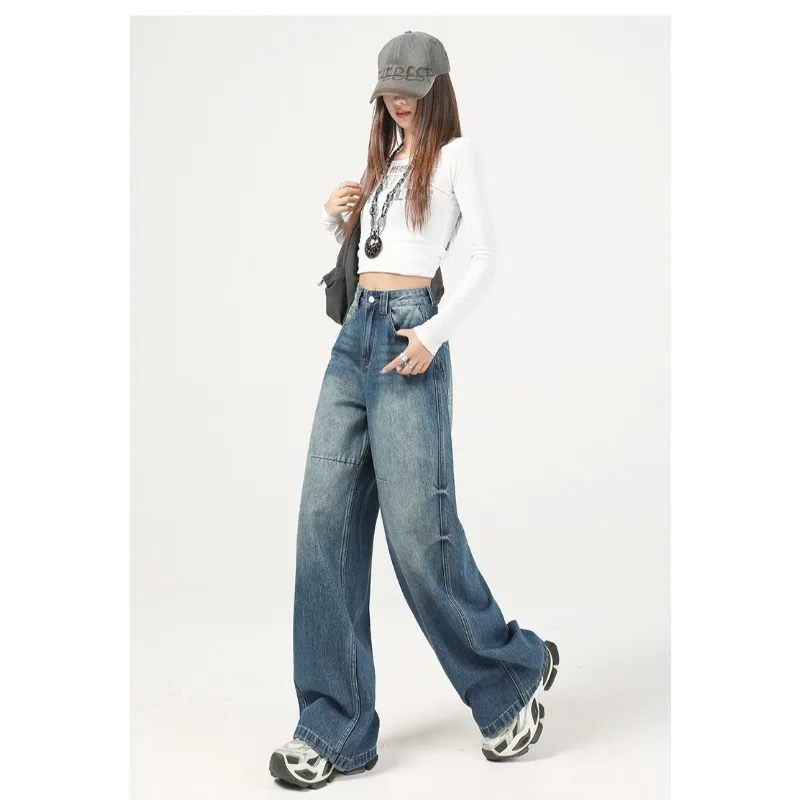 Retro Scroll-shaped Wide-leg Jeans for Women Slightly Plump Pear-shaped Figure Slightly Plump Figure Winter Thickened and Fleece