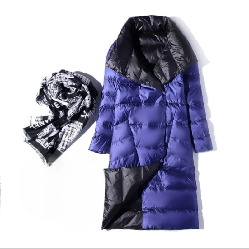 سترة نسائية خفيفة من ريش البط الأبيض مريحة للشتاء جديدة متوسطة وطويلة على الوجهين بطول الركبة بقصة ضيقة