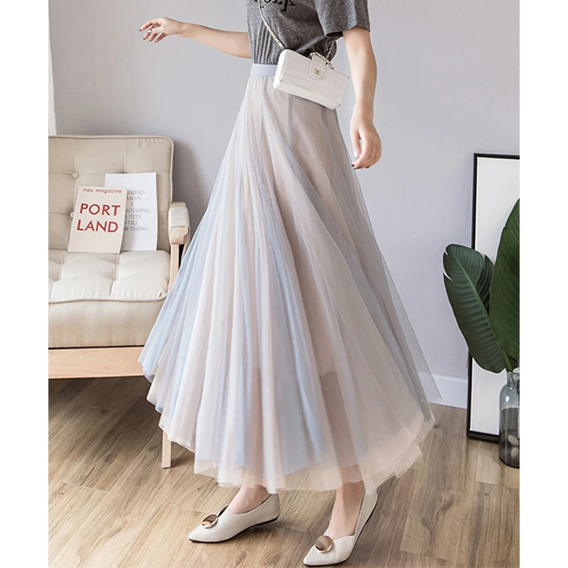 

Tulle Pleated Skirts Women Korean High Waist Mesh Midi Skirt office lady Elegant Fashion Loose Casual All Match A Line Skirts