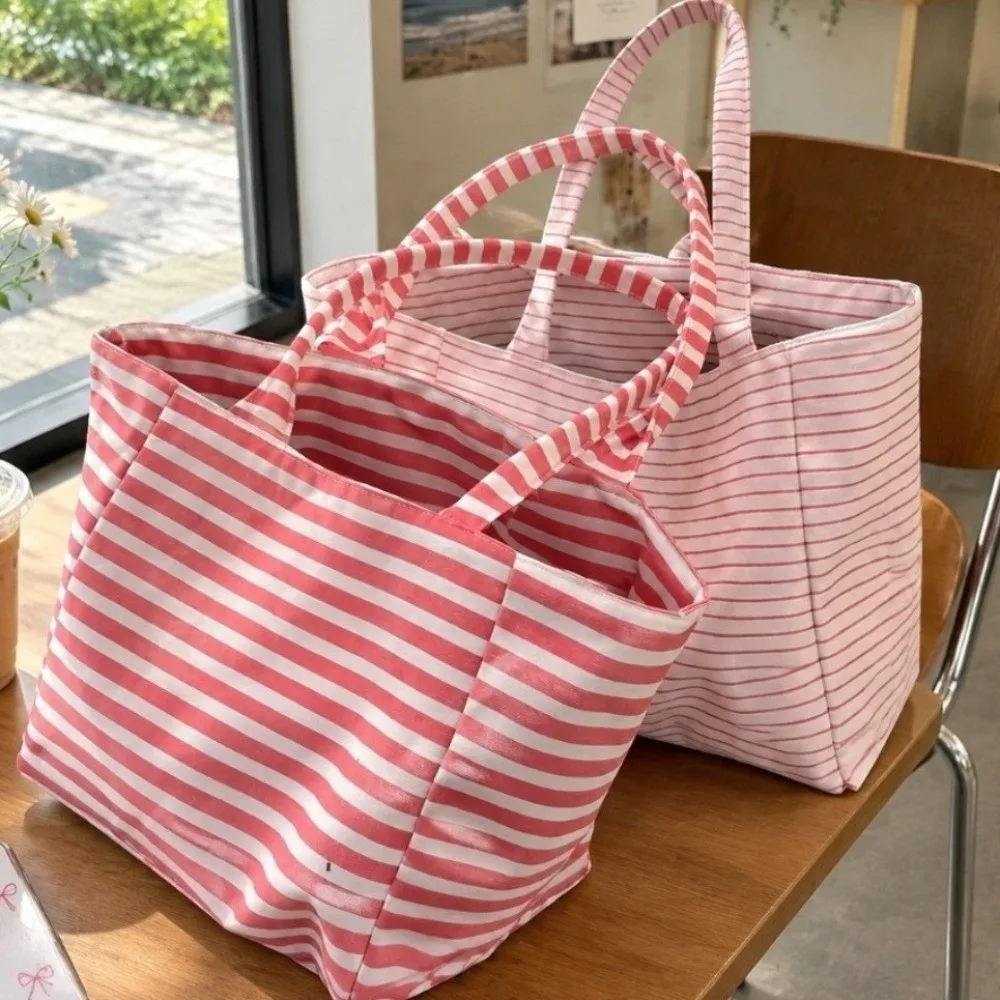 Y2K Large Capacity Canvas Tote Bag Pink Lightweight Shoulder Bag Reversible Thin Thick Striped Handbag Travel