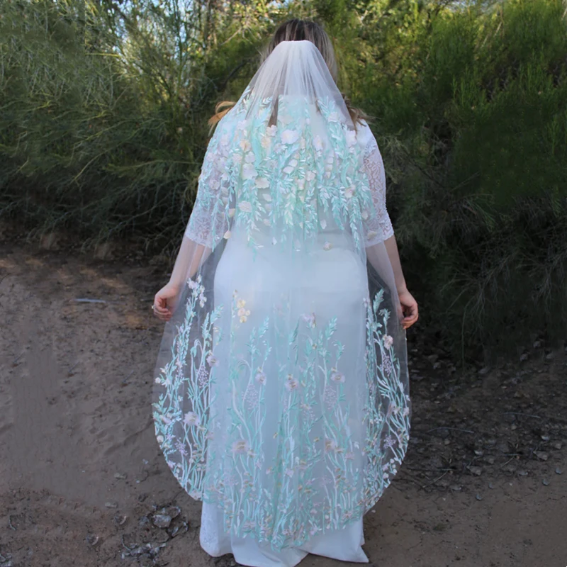 

Green Leaves Pink Flowers Floral Wedding Bridal Veils Accessories Long For Brides Embroidered White Tulle Unique Spring Forest