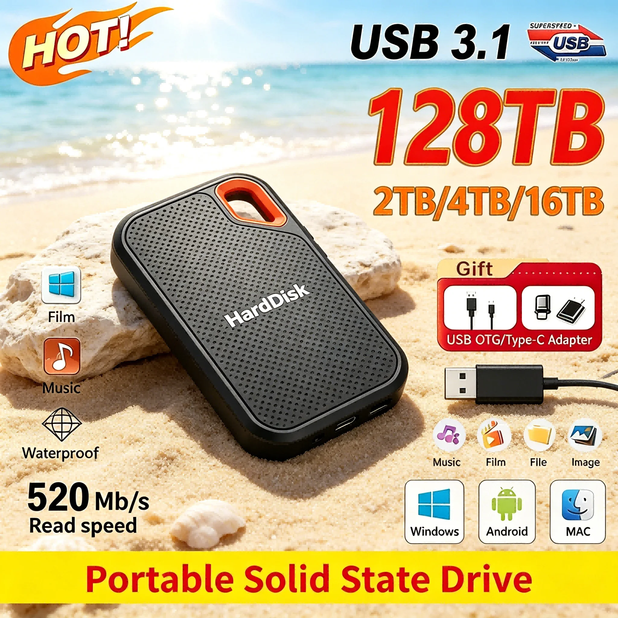 Disco Duro Externo de 2 TB, SSD Portátil USB C, Unidad de Estado Sólido, Bajo Consumo de Energía, Larga Vida Útil