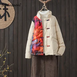 Women Print White Duck Down Jacket Stand Collar Vintage Loose Autumn Winter Warm Short Outwear Coat