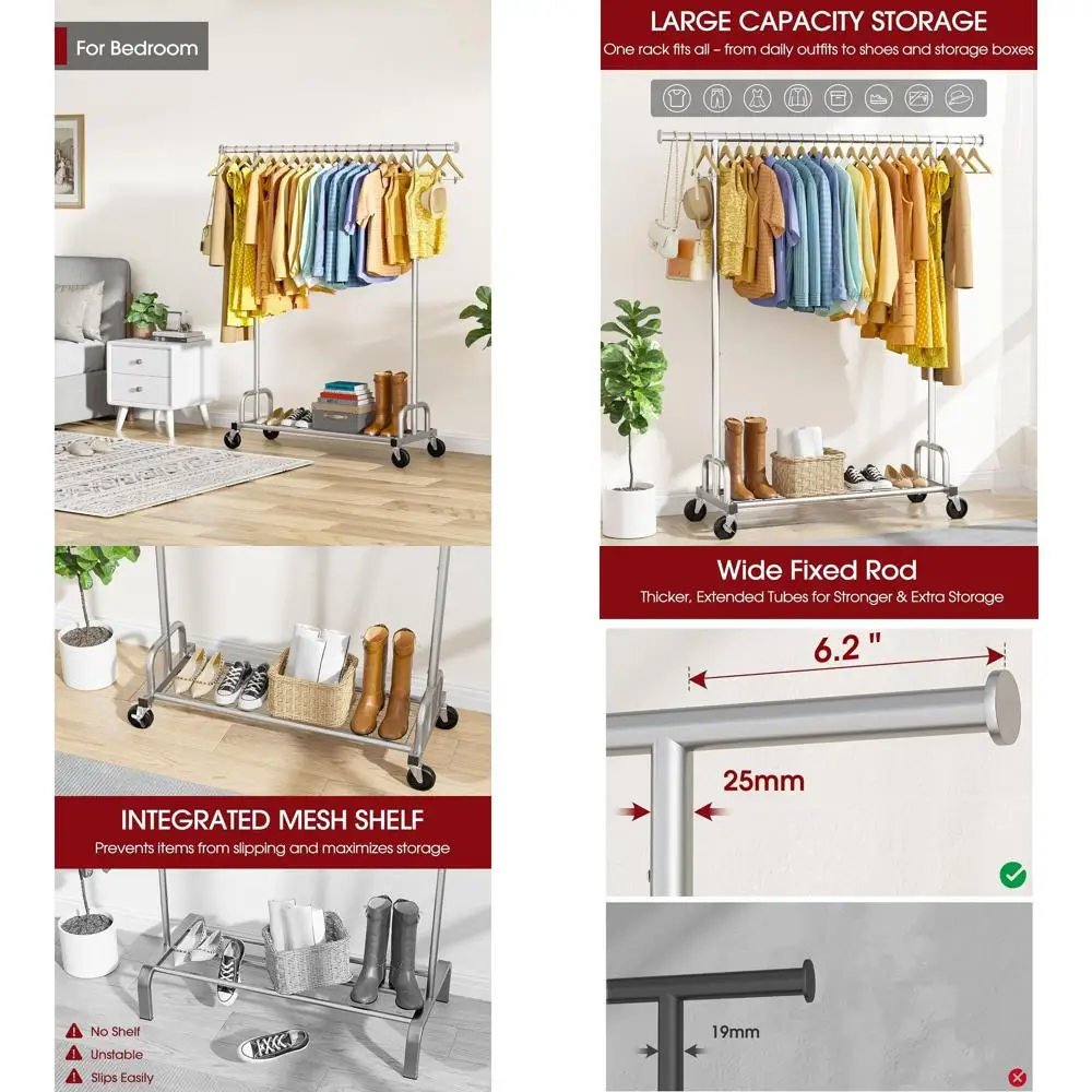 

Компактная металлическая вешалка для одежды серебристого цвета с фиксируемыми колесами, 45.6x16.9x59, подходит для спальни, прачечной, прихожей