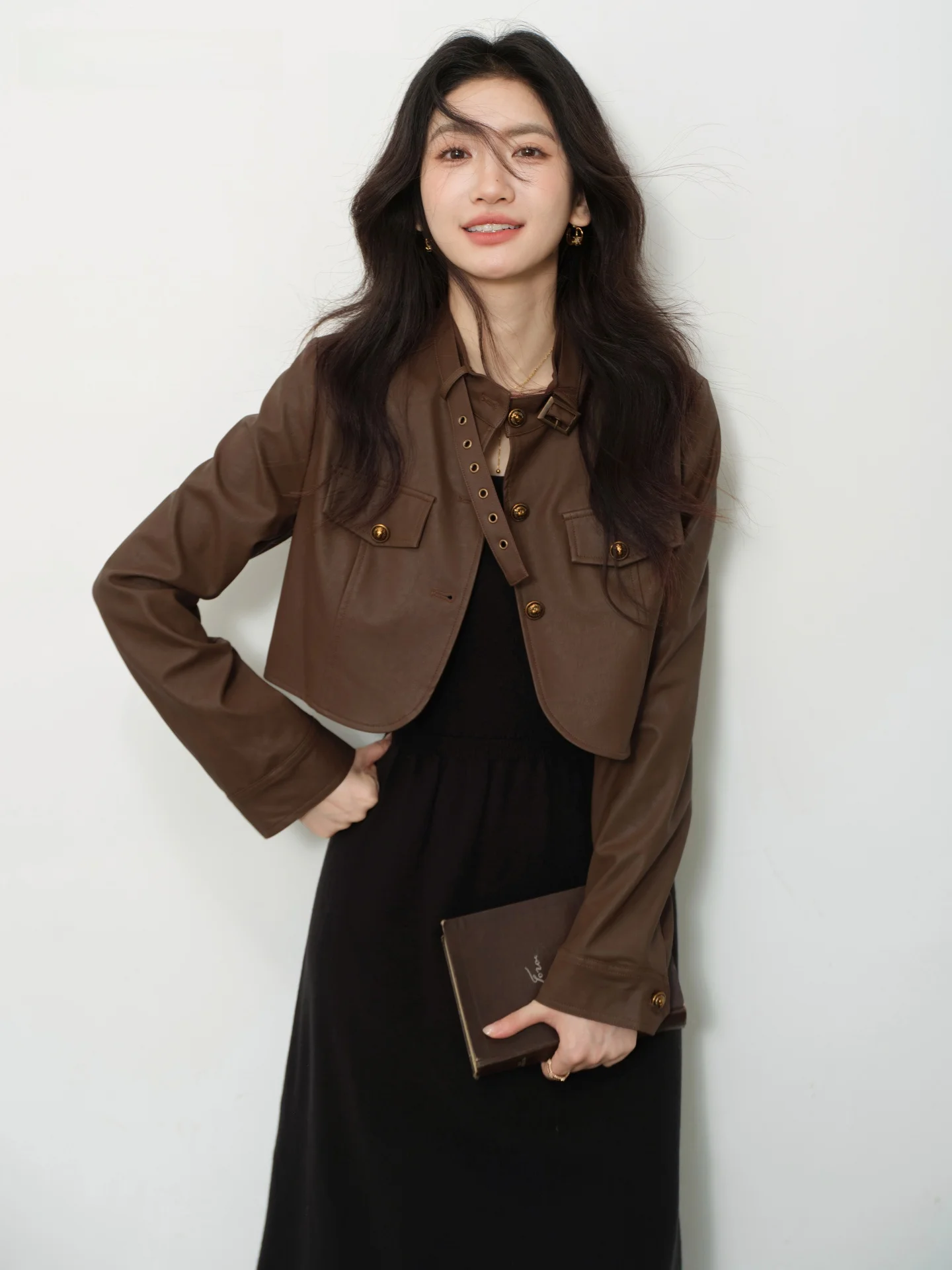 Ele marron ort col montant en cuir Jaet femmes Faion vêtements d'extérieur automne hiver nouveauté Vintage journal Sle