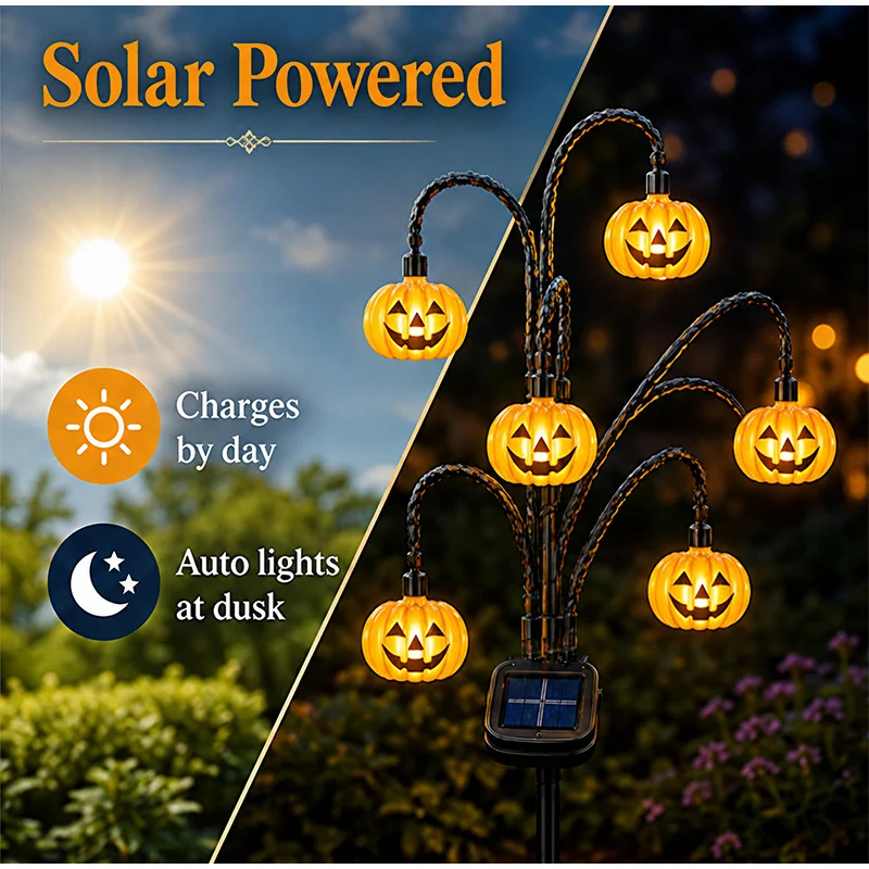 Solar Halloween Tree Stake Light Ghost Pumpkin Skeleton LED Pathway Light Waterproof Automatic Switch Metal Outdoor Garden Decor