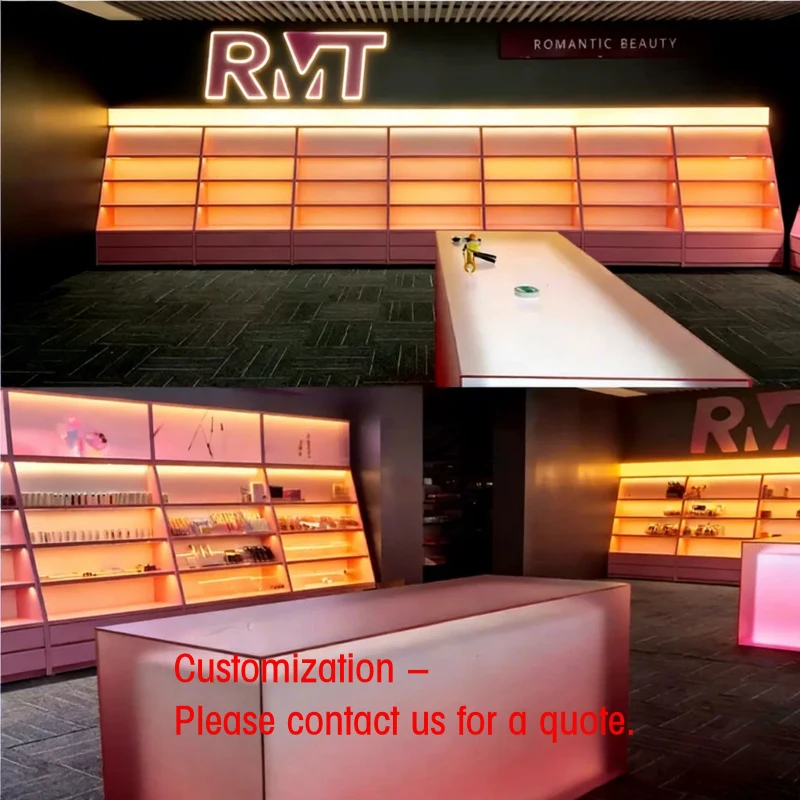 custom.OEM ODM Customizable LED High-end Modern Heavy Duty Stainless Steel Makeup Showcase Display Stand Storage Be