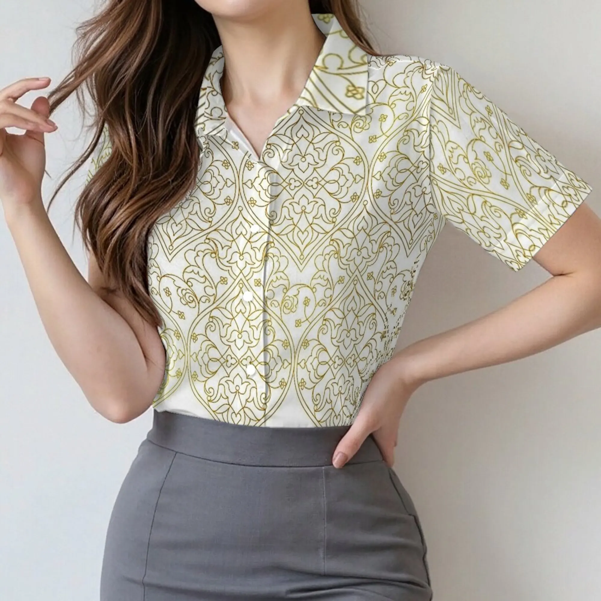Women's summer short-sleeve shirt with light luxury texture pattern,fashionable and versatile for daily commute and casual wear