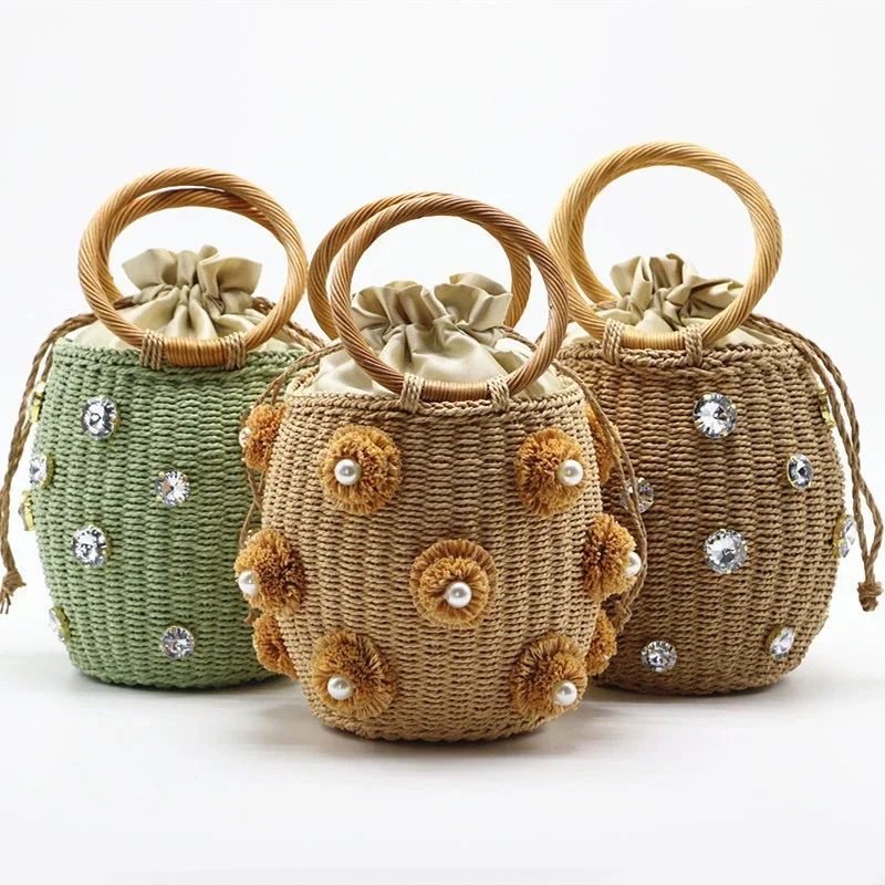 

New Handmade Rhinestone Crystal Embellished Straw Bag Straw Bucket Bags Lady Travel Purses Handbags Sac En Paille Femme