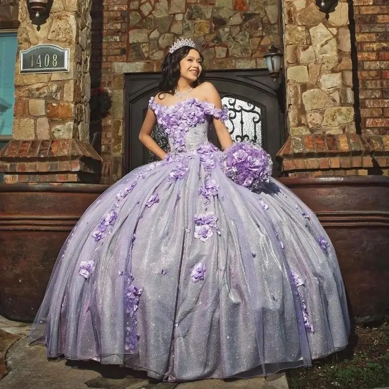 

Cinderella Lavender Shiny Quinceanera Dresses Beaded Formal Prom 3D Flowers Graduation Gowns Princess Vestidos De 15 Años 2025