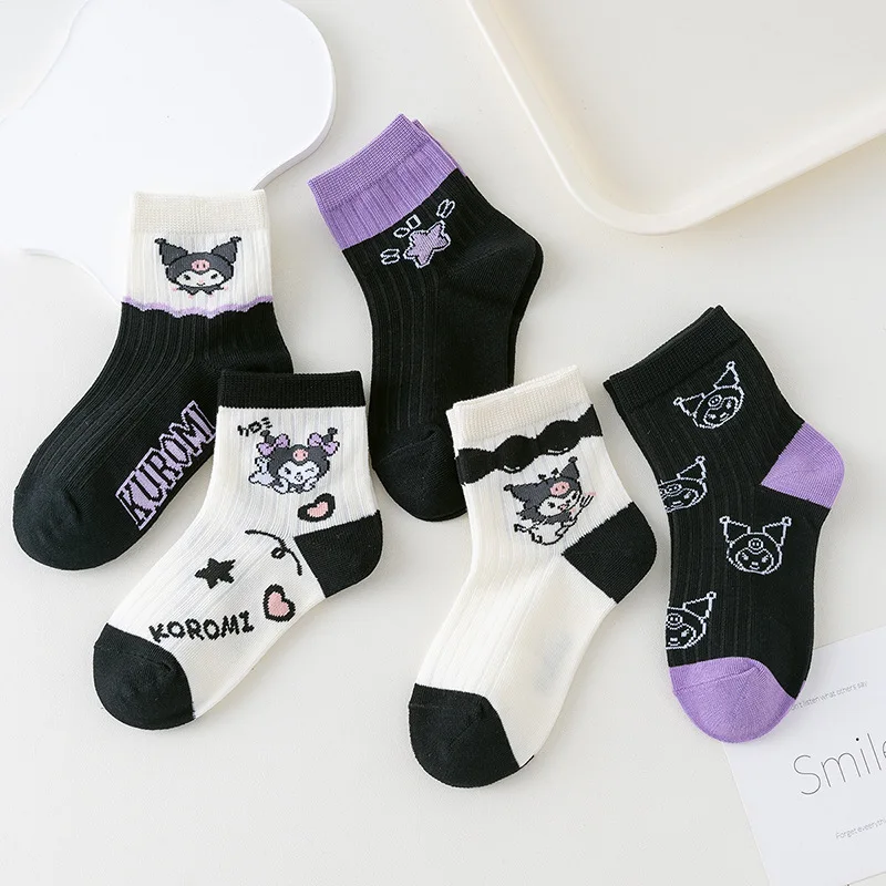 

5 Pairs Sanrio Kuromi children's socks autumn and winter colorful cotton socks cartoon mid-calf socks cute baby socks