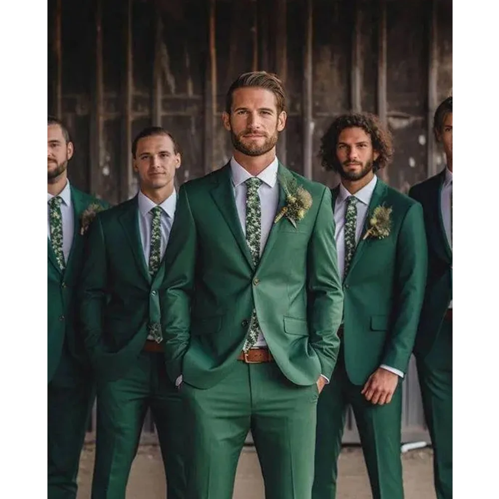 

Luxury Wedding Groomsmen Suits for Men Green 2 Button Slim Fit Notch Lapel Male Clothing Two Piece Jacket Pants Set Formal Terno