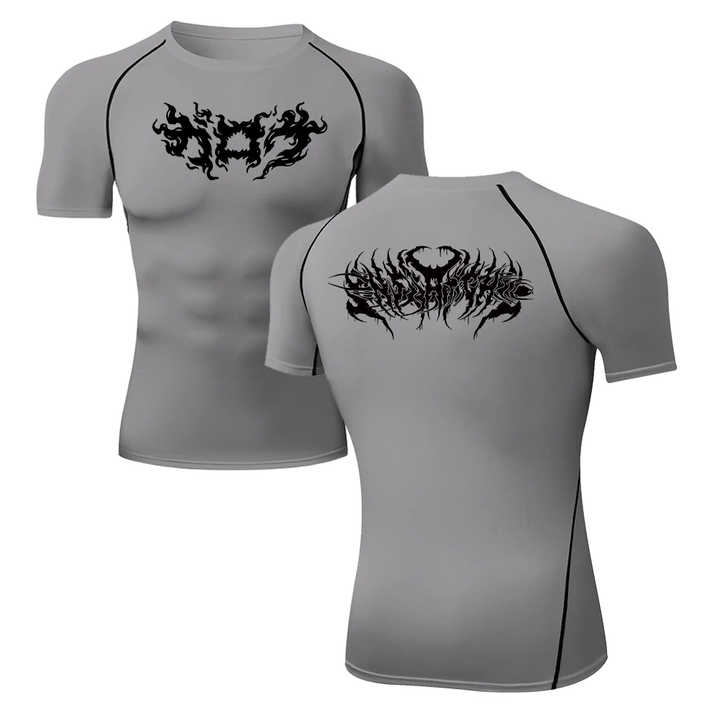 Summer Men's Compression Sports Training T-Shirt Quick Dry Gym Running Workout Short Sleeve Top Gothic Flame Thorn Letter Print view 3