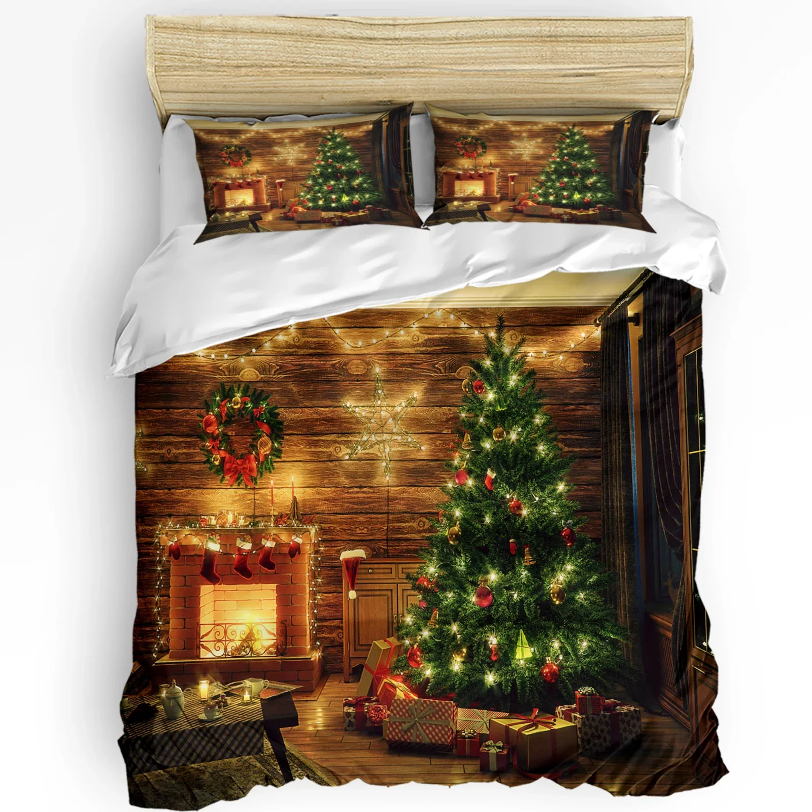 

Christmas Room Christmas Tree Fireplace 3pcs Bedding Set For Bedroom Double Bed Home Textile Duvet Cover Quilt Cover Pillowcase