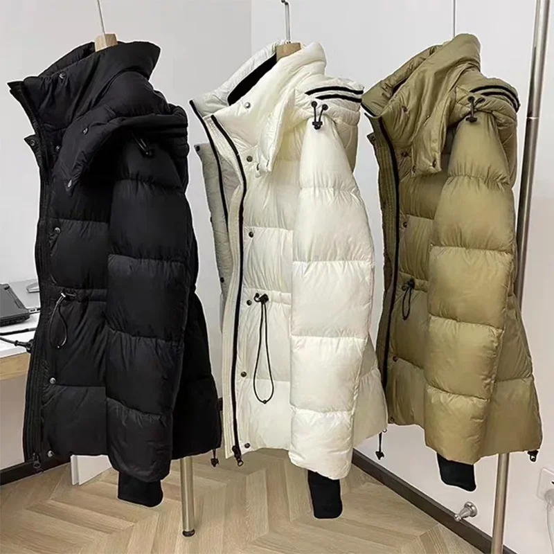 Winter New Stand Collar Thick Down Jacket Women Medium Long Hooded Casual Warm Zipper Drawstring Slim Puffer Jacket Trend Autumn