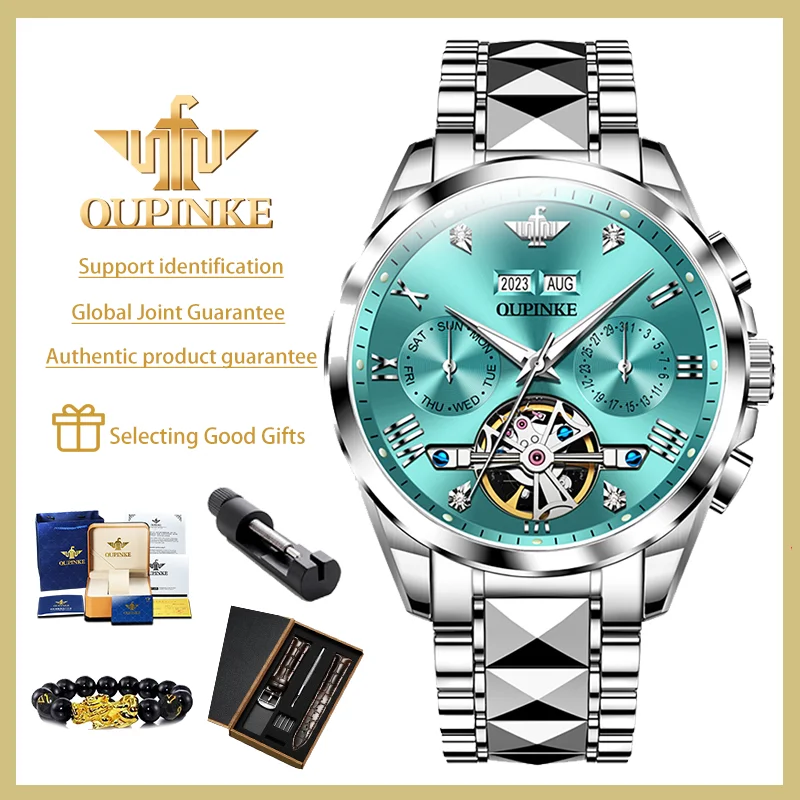 OUPINKE Luxury Brand Tungsten steel Automatic Mechanical Men's Watches Multifunction Hollow Out Waterproof Original Wristwatch