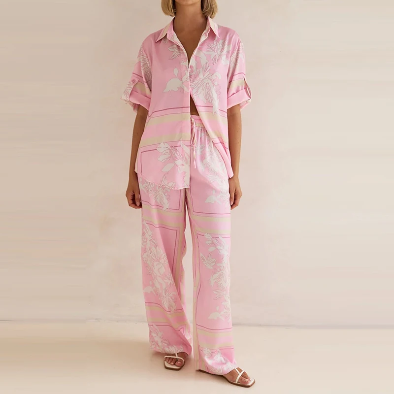 

Vintage Plant Print Homewear Two Piece Sets Casual Single Breasted Pocket Shirts&Straight Pants Sets Elegant Lady Satin Outfits