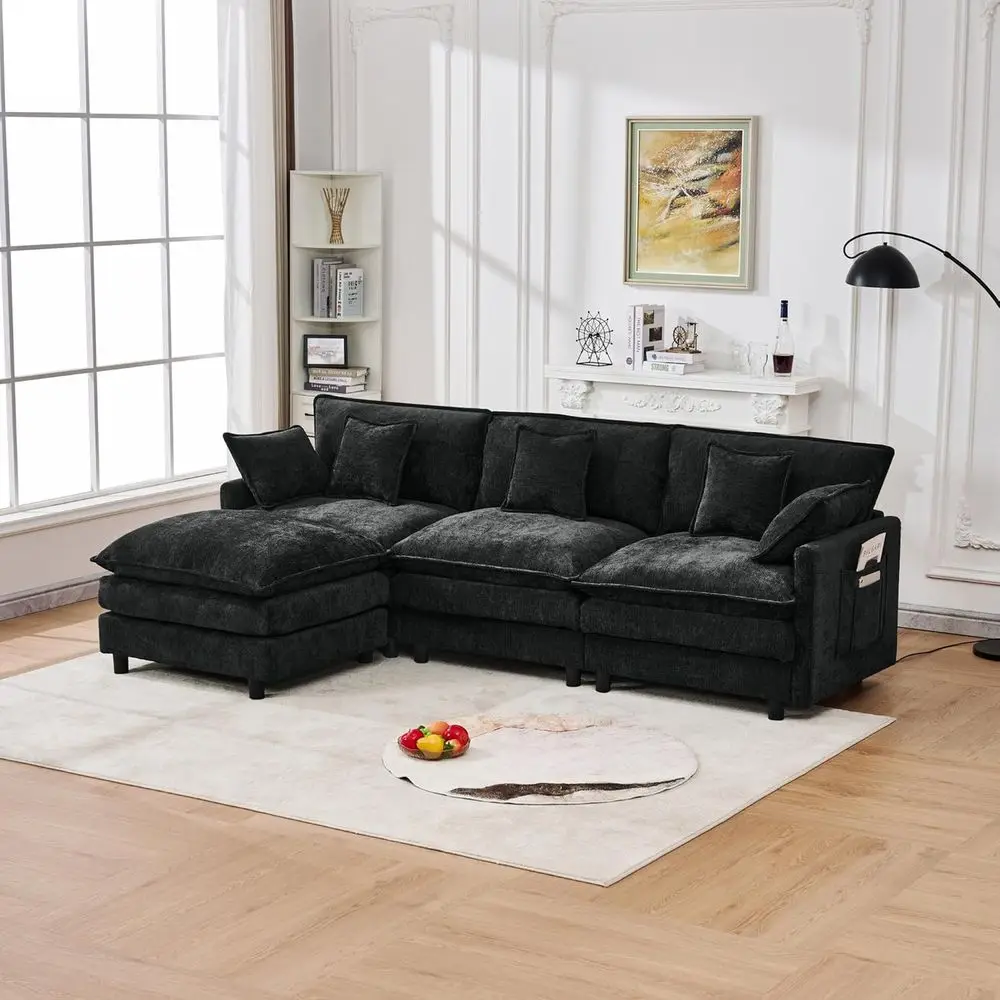 102" ular Sectional Soa, Premium Chenille Cloud Couch with Reversible Ottoman, L-Shaped Oversized Soa with Side Storage kets or