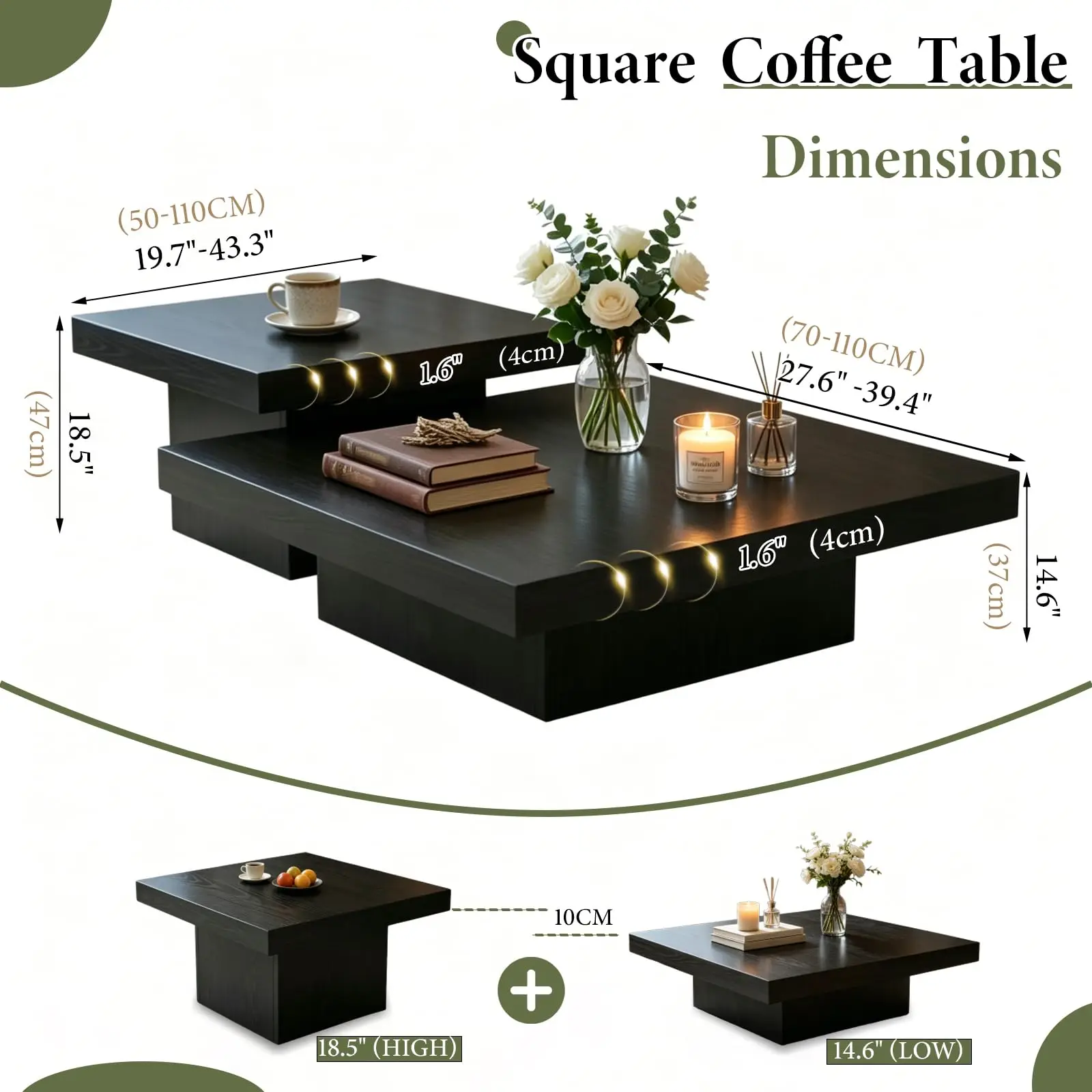 Nesting Coffee Table Set of 2 Modern Minimalist Square Coffee Table and Side Table Set with Wooden Legs 1.6