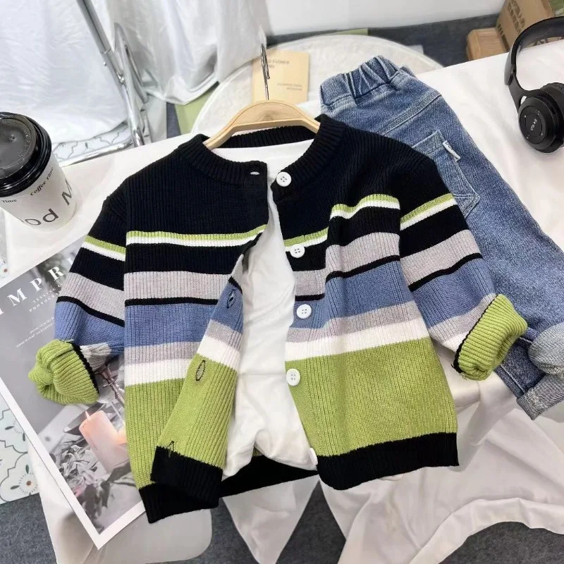 UNITIM Herbst Winter Kinder Jungen Pullover 2-8 Jahre Kinder Jungen Kontrast-Streifen Strickjacke Jacquard V-Ausschnitt Kleinkind Jungen Strickmantel – Detail 7